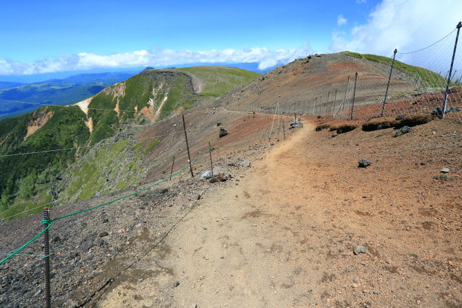 赤茶けた火山灰の砂礫地を行く。右のピークは台座の院。左奥が硫黄岳