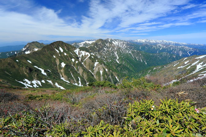 谷川岳稜線から西側はオジカ沢の頭、万太郎山、仙ノ倉山の山並みが連なって見えます