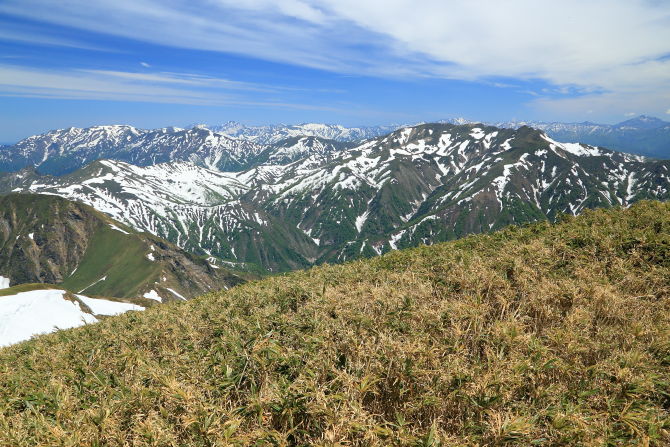 茂倉岳山頂北側、清水峠方面を望むと残雪の山が幾つも。山が多すぎてどれが何の山かわからないくらい